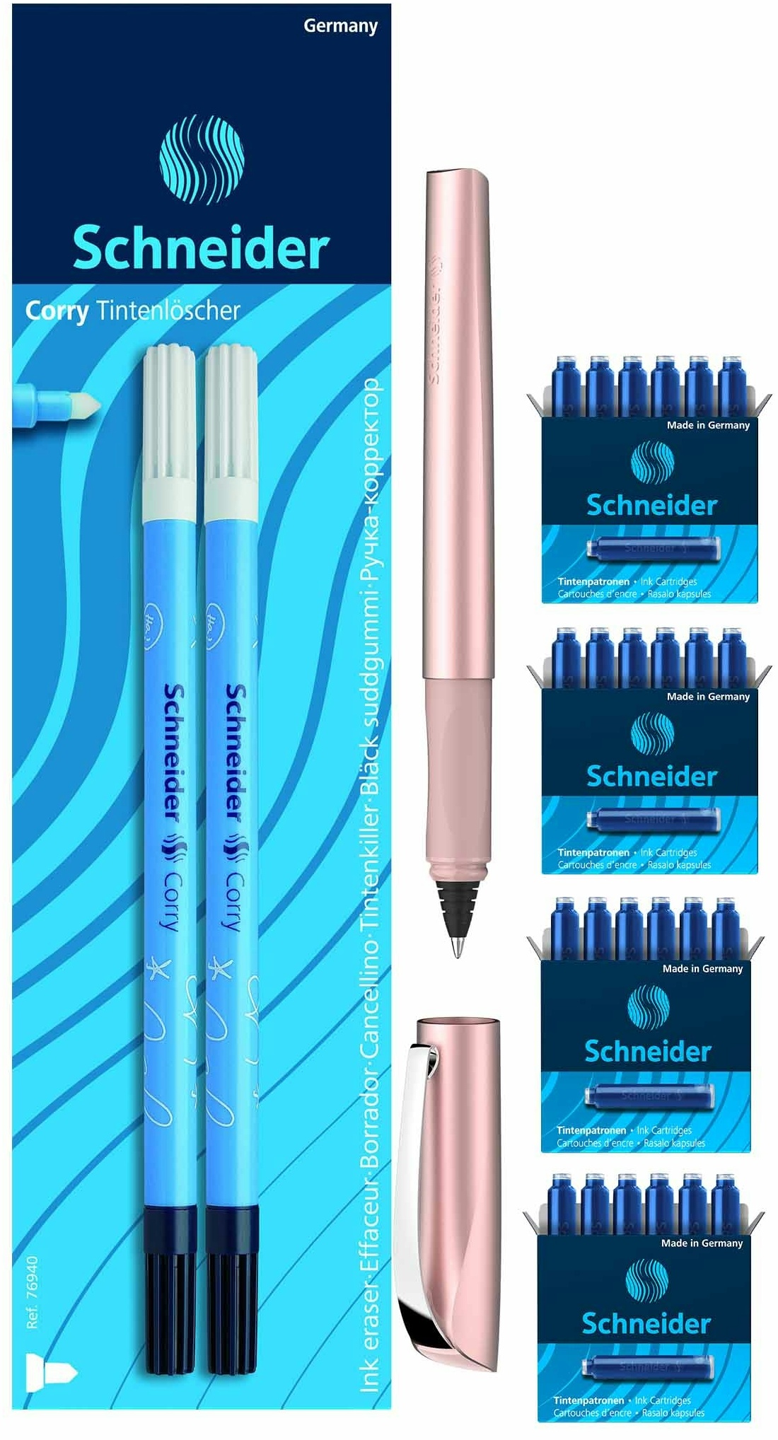 Schneider Tintenroller Ceod Shiny Löscher Corry Tintenroller (Powder Pink) + 4x 6 Patronen (Blau) & Löscher