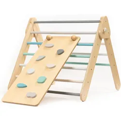Klettergerüst mit Rampe und Rutsche, Kletterdreieck aus Holz Montessori, Pastell braun|weiß|blau No Size