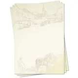 LYSCO Motiv Briefpapier (Dorf-5129, DIN A4, 100 Blatt) Dorfzeichnung Malerei Bauernhof Motivpapier Bauer Feld Acker Pferde pflügen Kirche Häuser Zeichnung Malerei Landwirtschaft Gehöft