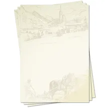 LYSCO Motiv Briefpapier (Dorf-5129, DIN A4, 100 Blatt) Dorfzeichnung Malerei Bauernhof Motivpapier Bauer Feld Acker Pferde pflügen Kirche Häuser Zeichnung Malerei Landwirtschaft Gehöft