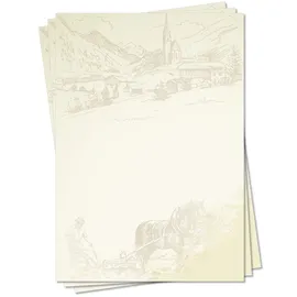 LYSCO Motiv Briefpapier (Dorf-5129, DIN A4, 100 Blatt) Dorfzeichnung Malerei Bauernhof Motivpapier Bauer Feld Acker Pferde pflügen Kirche Häuser Zeichnung Malerei Landwirtschaft Gehöft