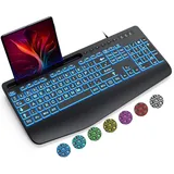 SABLUTE Tastatur Beleuchtete Kabel USB PC Ergonomische Tastaturen Hintergrundbeleuchtete Computertastatur mit großem Druck, 7-Farbiger Hintergrundbeleuchtung,Telefonhalter, gut lesbar