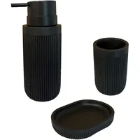 Relaxdays Bad Accessoires, 3-teilig, Seifenschale, Seifenspender, Zahnputzbecher, Polyresin, Bad Zubehör Set, schwarz