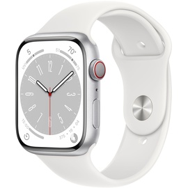 Apple Watch Series 8 GPS + Cellular 45 mm Aluminiumgehäuse silber, Sportarmband weiß