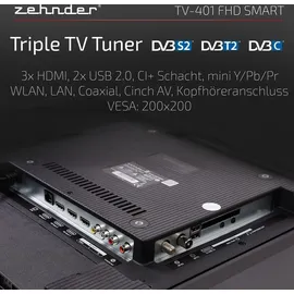 Zehnder TV-401 FHD SMART TV 40 Zoll 101cm LED Fernseher Schmaler Rahmen LAN/WLAN Triple Tuner DVB-S2/T2/C USB Android 11 kompatibel mit Google Play...