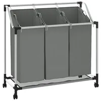 vidaXL Wäschekorb mit Rollen 3 Fächer Grau