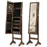 COSTWAY Schmuckschrank mit Spiegel abschließbar Spiegelschrank 40x36x156cm braun