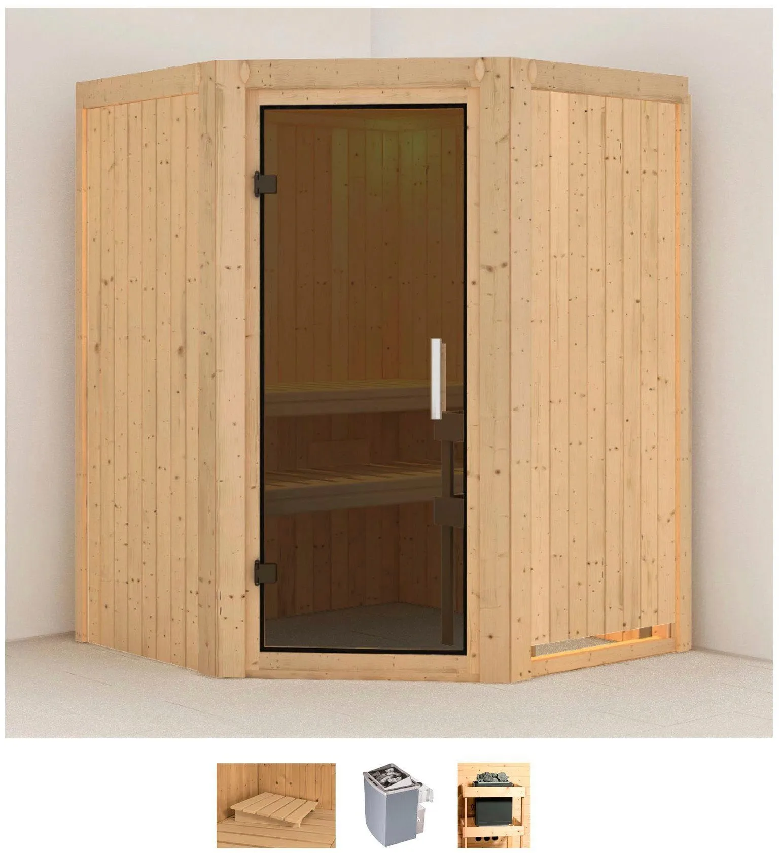 Sauna KARIBU "Larin", beige (naturbelassen), Saunaofen, integrierte Steuerung, 9 kW, Saunen, 9 KW-Ofen mit integrierter Steuerung