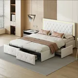 CDGlobal Bett 140 x 200 cm, Polsterbett, Doppelbettgestell, LED, Bettgestell, Metallbett, 4 Schubladen, Ladestation, verstellbares gepolstertes Kop... - Beige