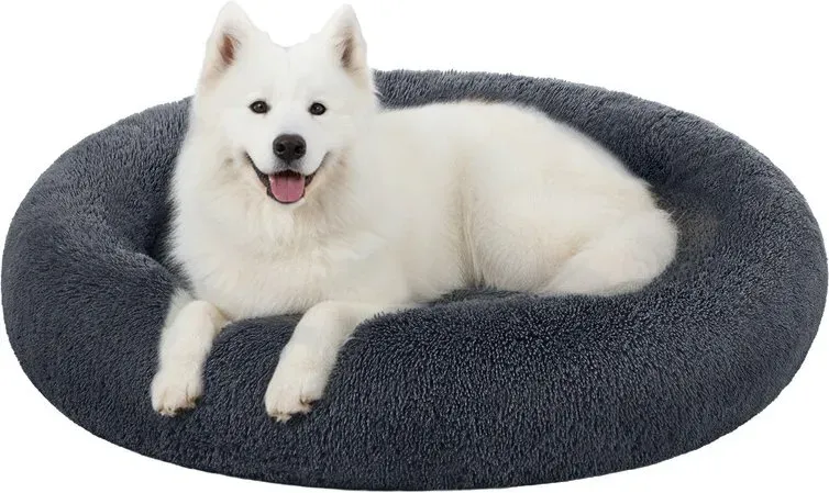 Flauschiges Hundebett, Katzenbett, Donut-Kissen, waschbar, herausnehmbare Mitteinlage, langer Plüschbezug, 120 cm Durchmesser, dunkelgrau