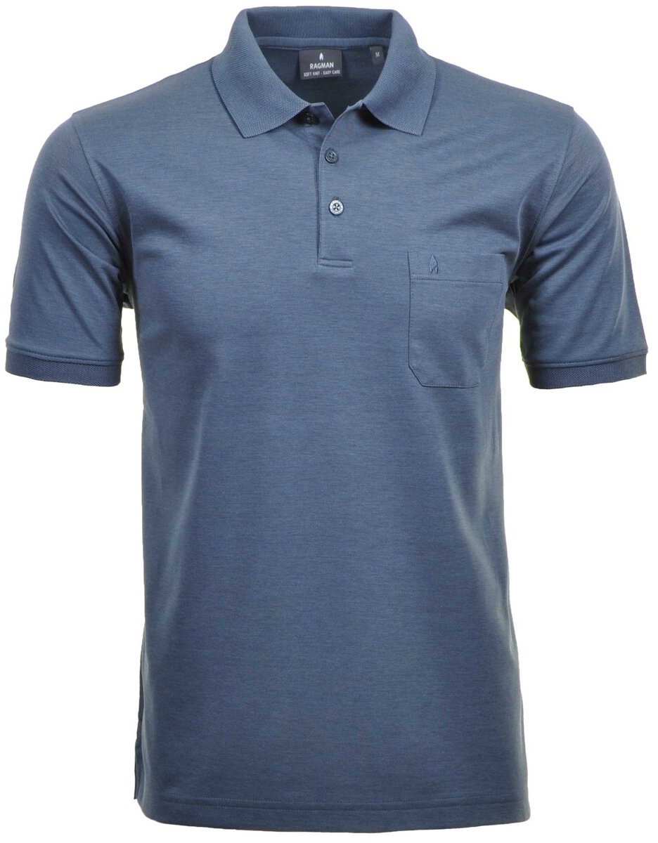 RAGMAN Herren Poloshirt - Oberteil, Softknit-Polo, Baumwollmischung, Brusttasche, Knopfleiste, kurz, einfarbig Blau 2XL