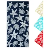 ZOLLNER Strandtuch - Flauschiges und saugstarkes Badetuch in 90x180 cm - waschbar bis 60°C - Baumwolle - maritimes Muster mit Seesternen und Muscheln in dunkelblau - Oeko Tex® Zertifiziert