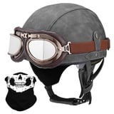 Deutsche Leder Motorrad Halbhelme mit ECE, Vintage Helme mit Schutzbrille, Jethelm Retro, Chopper Helm, Scooter-Helm, Fahrradhelm, mit Sonnenblende und Herausnehmbares Innenfutter