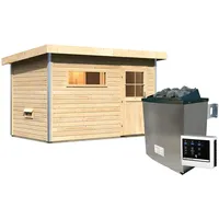 Karibu Saunahaus Skrollan 1 mit Vorraum-9 kW Ofen inkl. Steuergerät-Klassische Saunatür (Klarglas) inkl. 9-teiligem gratis Zubehörpaket (Gesamtwert 271,91€)