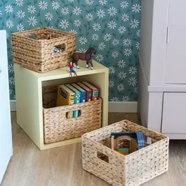 HMF Aufbewahrungskorb geflochten aus Wasserhyazinthe quadratisch 3er Set 22 x 26 x 30 cm beige