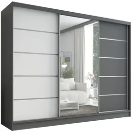 mebloland Schwebetürenschrank AURELIA 1 | 3-türig Schrank 200 cm mit Spiegel / Graphit/ weiß