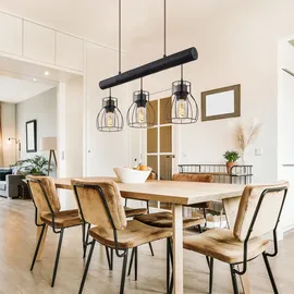 GLOBO Pendelleuchte Hängelampe Vintage Holzbalken Retro Holzleuchte Mit Gitterschirmen schwarz, Fernbedienung dimmbar, 3x Rgb Led 4,8w 470lm, Hxlxb 140x60x13,6cm