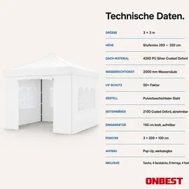 onbest Pavillon 3 x 3 m inkl. 4 Seitenteile Weiß