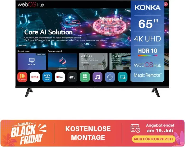 Konka DLED 65 Zoll (164 cm) Smart-TV - 4K Ultra HD, webOS Hub, HDR10, MEMC, Magic Remote & ThinQ AI Sprachsteuerung, Airplay 2 & Google Cast, WiFi, Bluetooth, HDMI eARC - UDG65HK684ANTS