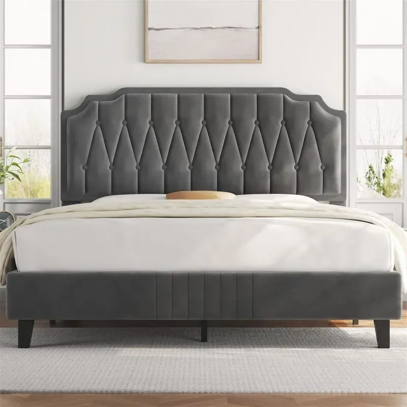 Yaheetech Polsterbettgestell, Doppelbett 160 × 200 cm, Bettgestell mit Holz-Lattenrost / Höhenverstellbares Kopfteil / Matratzenuntergestell / Kein Boxspring erforderlich, Dunkelgrau