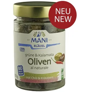 Mani Grüne & Kalamata Oliven al naturale mit Chili & Kräuter bio