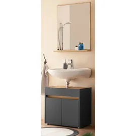 furn.design Badmöbel-Set Center, (in grau mit Wotan Eiche, 2-St., Waschbeckenunterschrank und Badspiegel), Melaminbeschichtung, praktische Griffmulden grau