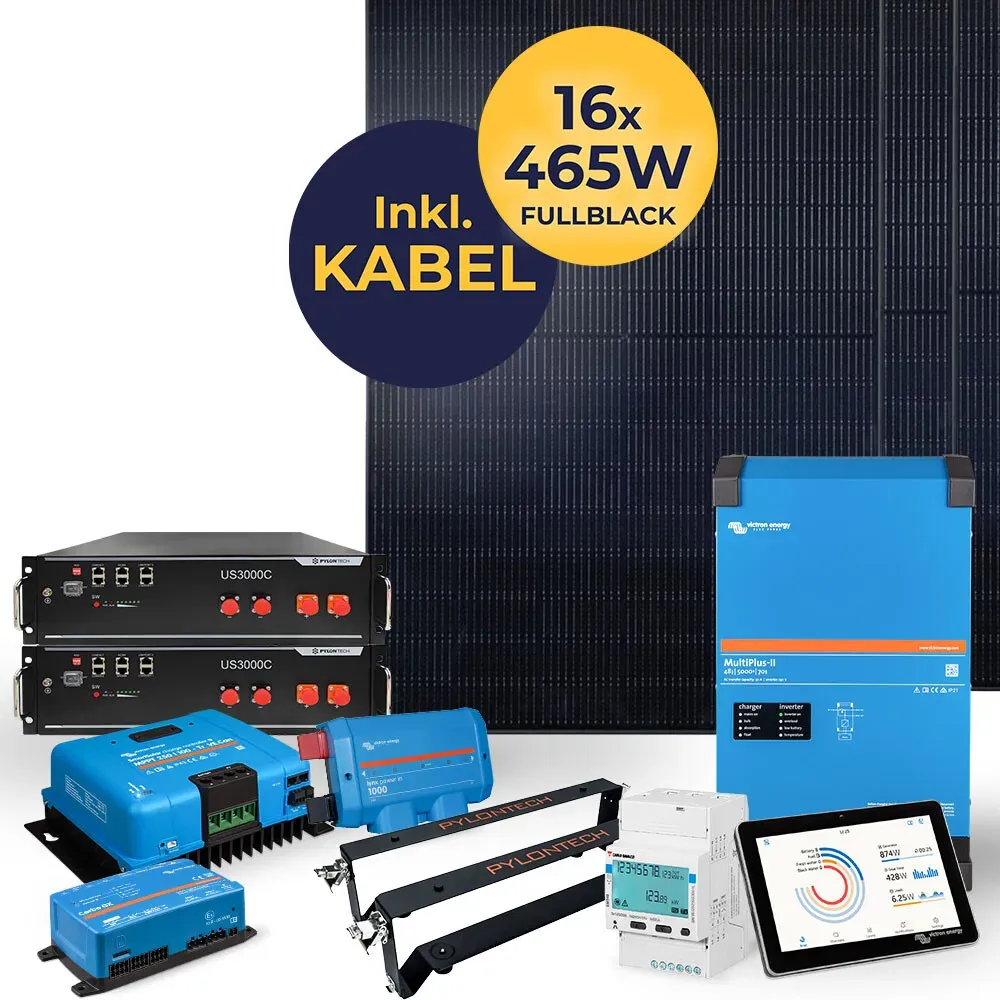 7,44 kW Photovoltaikanlage mit Speicher 7,1 kWh | HUSATECH SunnyHome S | 1-phasig mit Victron MultiPlus II 48/5000/70-50 + MPPT 250/100 + Pylontech US3000C