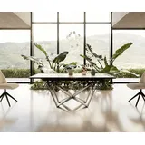 DeLife Esstisch Edge 200-300x100 Keramik Calacatta Luxe Weiß-Gold-Grau Spider Flachstahl Schwarz ausziehbar,