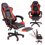 Melko Drehstuhl Gaming Verstellbar Bürosessel Schreibtisch Schwarz Rot Fußablage - Rot