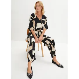 bonprix Jersey-Jumpsuit, schwarz, Gr.56/58 (3XL), graphisch bedruckter Jersey-Jumpsuit mit Knopfverschluss hinten am Ausschnitt