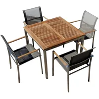 ALEOS. Gartengarnitur Gartenstühle und Tisch Sitzgruppe 5-teilig aus Edelstahl Batyline Bespannung massives A-Grade Teak Holz Set: Tisch 90x90 cm ...