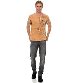 RUSTY NEAL T-Shirt RUSTY NEAL, Herren, Gr. M, braun (camelfarben), 100% Baumwolle, bedruckt, normal, Rundhals, Shirts T-Shirt, im Used-Look mit Allover-Print