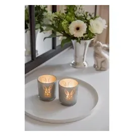 Edzard 2er Set Teelichtglas Hase, Höhe 8 cm, Durchmesser 7 cm, Deko für Ostern (2 Stück grau)