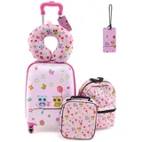 SOARS 5tlg. Kinderkoffer Set, 16” Kindertrolley mit Rucksack, Nackenkissen, Lunchtasche & Kofferanhänger, Kindergepäck mit Rollen & Teleskopgriff, Reisekoffer Kinder Jungen & Mädchen (Eule)