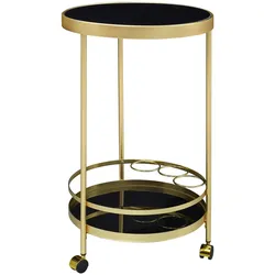 KADIMA DESIGN Design Servierwagen Gold Rund Ø 45cm 2 Ebenen, Beistelltisch auf Rollen mit Glasplatte Schwarz Speisewagen, Küchenwagen,