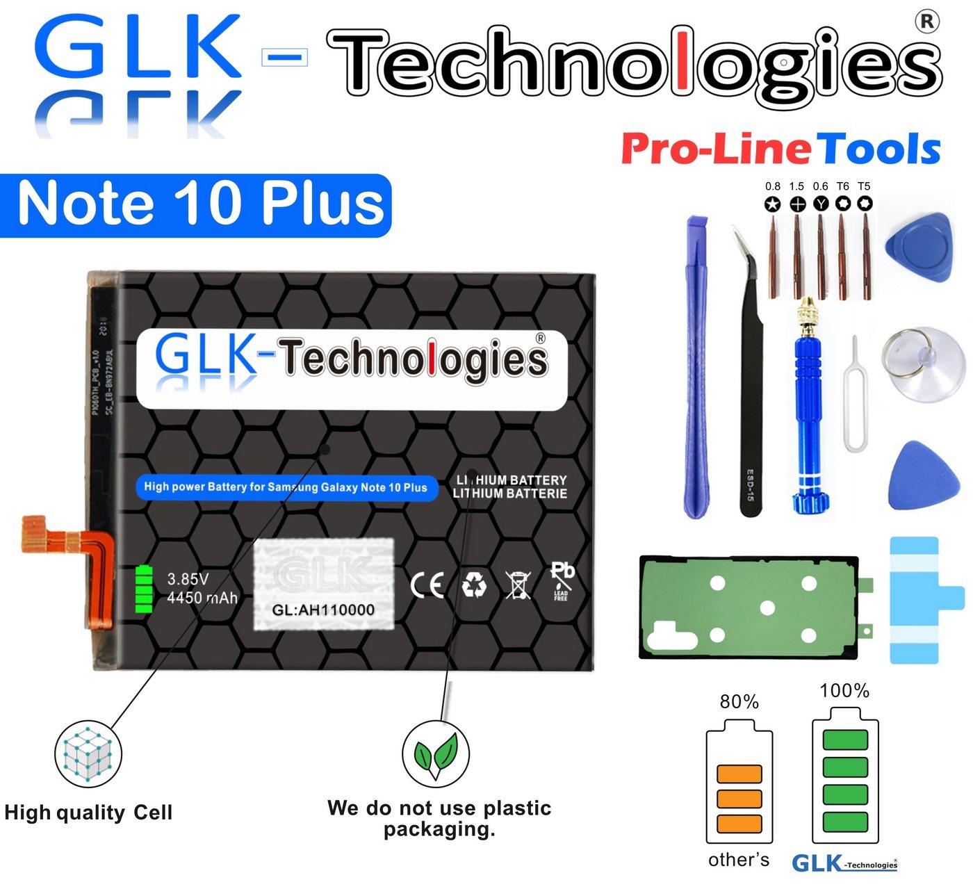 GLK-Technologies High Power Ersatz Akku kompatibel mit Samsung Galaxy Note 10 Plus 5G N975F EB-BN972ABU, GLK-Technologies Battery, accu, 4450mAh, inkl. Werkzeug Set Kit Smartphone-Akku 4450 mAh (3.8 V)