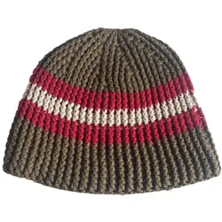 Stylische Häkel-Mütze Winter-Mütze weiche Strick-Mütze mit Streifen Baumwoll-Mütze 7313GUY Olivgrün/Rot/Weiß - One-Size