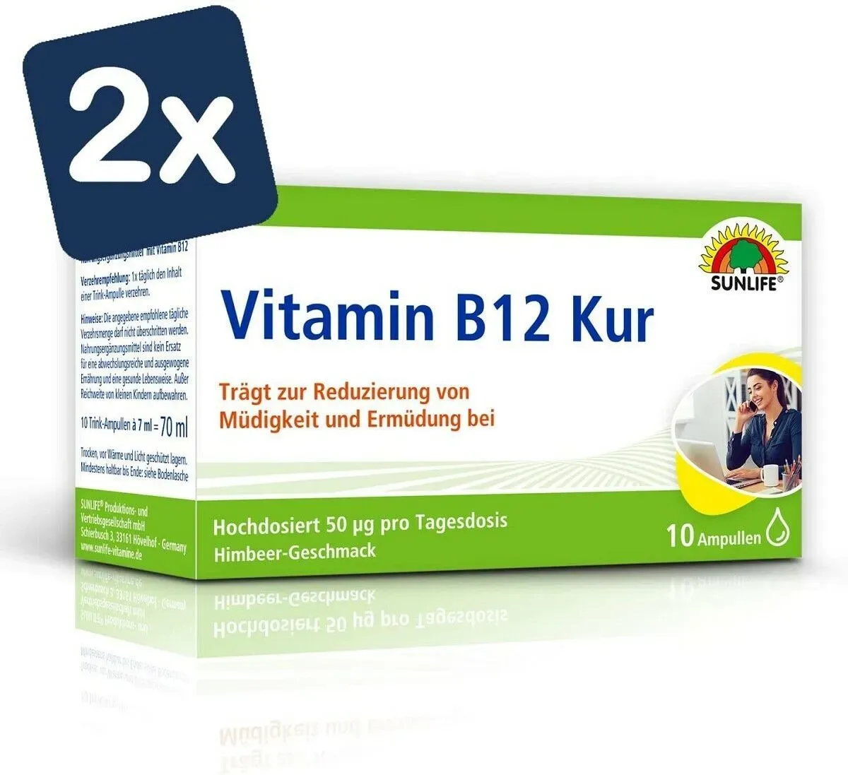 Sunlife Vitamin B12 Kur hochdosiert gegen Müdigkeit & Erschöpfung erhöht geistige Leistungsfähigkeit, 10 Ampullen à 7ml - 2er Pack