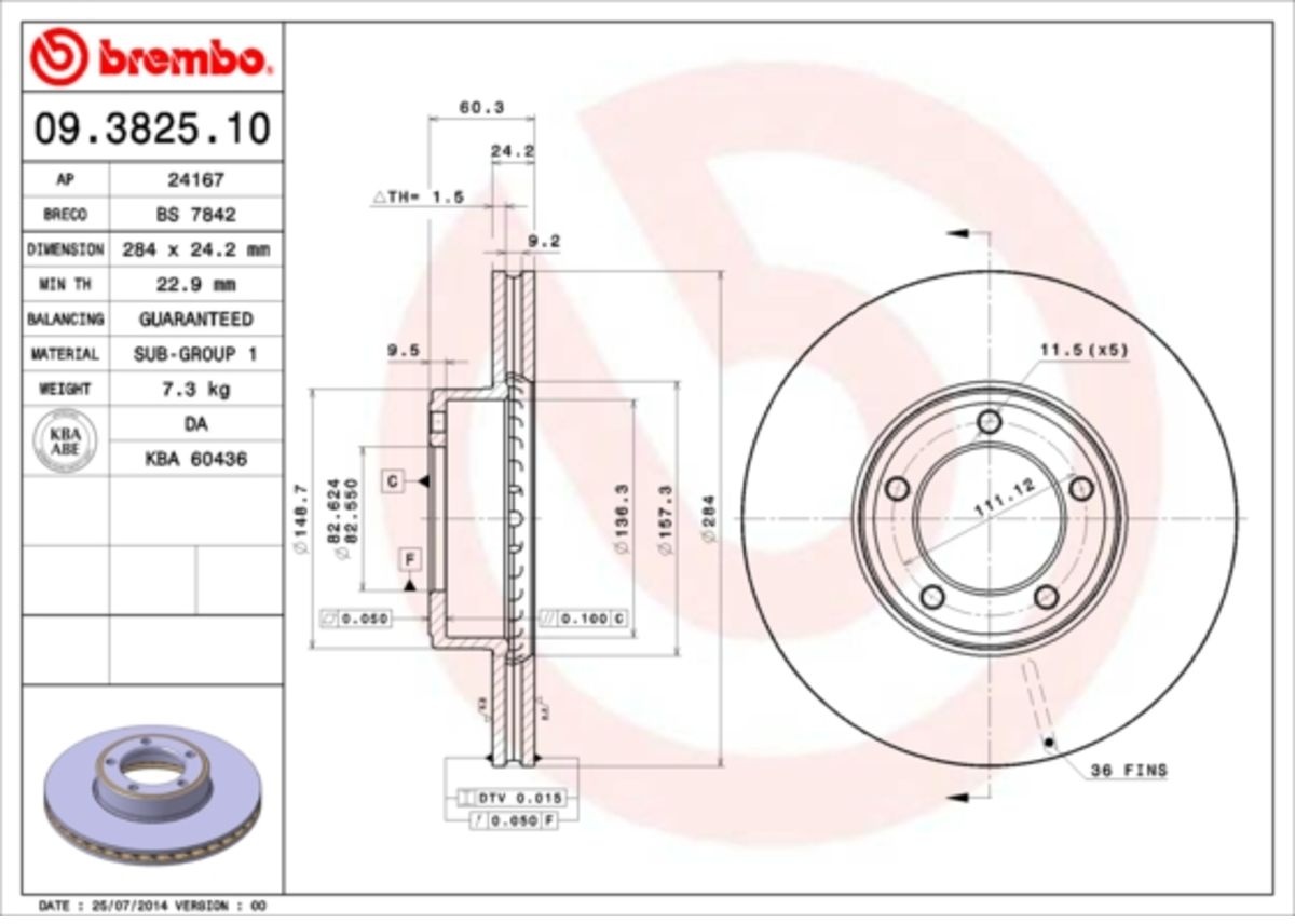 Bremsscheibe BREMBO 09.3825.10, vorne, belüftet , 1 Stück