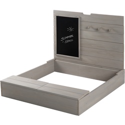 Sandkasten mit Deckel, aufklappbar mit Tafel & 3 Haken, Massivholz grau lasiert