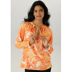 Schlupfbluse ANISTON SELECTED, Damen, Gr. 40, orange, hellorange, dunkelorange, sanftes weiß, Web, Obermaterial: 100% Viskose, geblümt, bedruckt, gemustert, casual, figurumspielend hüftbedeckend, V-Ausschnitt, Langarm Raglanärmel Volant, Blusen Druckbluse