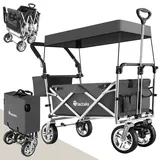 tectake® Bollerwagen Faltbar mit Dach, Handwagen mit Bremsen und Taschen, Strandwagen, Outdoor Gartenwagen, Transportkarre bis 80 kg Belastbarkeit, klappbar - grau