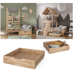 VitaliSpa Bettschublade Schubladenbett Aufbewahrung Teddy Tom Natur 92x21 cm Kinderzimmer Bett Zubehör Spielzeug Ablage Buche Massivholz rollbar Spielturmbett