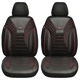 BREMER SITZBEZÜGE Maß Auto Schonbezüge kompatibel mit VW T7 Multivan Fahrer & Beifahrer Set ab 2021 / Auto Schonbezug Velour Kunstleder Set 2er Pack in Schwarz/Rote Naht (PS802)