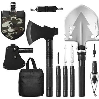Vevor Survival Schaufel Survival Axt, 16 in 1 Camping Klappspaten mit Axt, Edelstahl Schaufel-Axt-Kombination, multifunktionale Notfall Überlebensausrüstung für Camping und Wandern