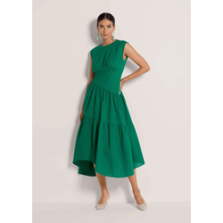 Midikleid MADELEINE "Midikleid Baumwollkleid mit Stufenrock", Damen, Gr. 42, N-Gr, grün, Obermaterial: 100% Baumwolle CO., Modern, figurumspielend, Kleider Midikleid, Kleid mit asymetrischen Stufenrock und modernen Teilungsnähten