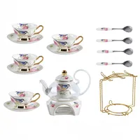 HSTWODE-15 Stück Europäischen Blumen Tee Set,Muster Bone China Tee Set Service Kaffee Set, Beheizte Glas Teekanne, Für Geschenk Und Haushalt, Hochzeit (Vogel- und Blumenmuster)