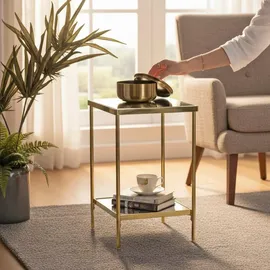 Haku-Möbel HAKU Beistelltisch vermessingt Metall Füße mit Justiermöglichkeit Spiegel 5 mm Sofatisch eckig Couchtisch - Maße: B 28 x H 46 x T 28 cm