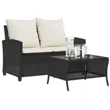 vidaXL Gartensofa 2-Sitzer mit Kissen & Tisch Schwarz Poly Rattan