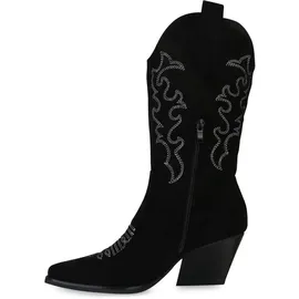 VAN HILL Damen Stiefel Cowboystiefel Stickereien Schuhe 839969, Farbe: Schwarz Velours, Größe: 37 - Schwarz - 37